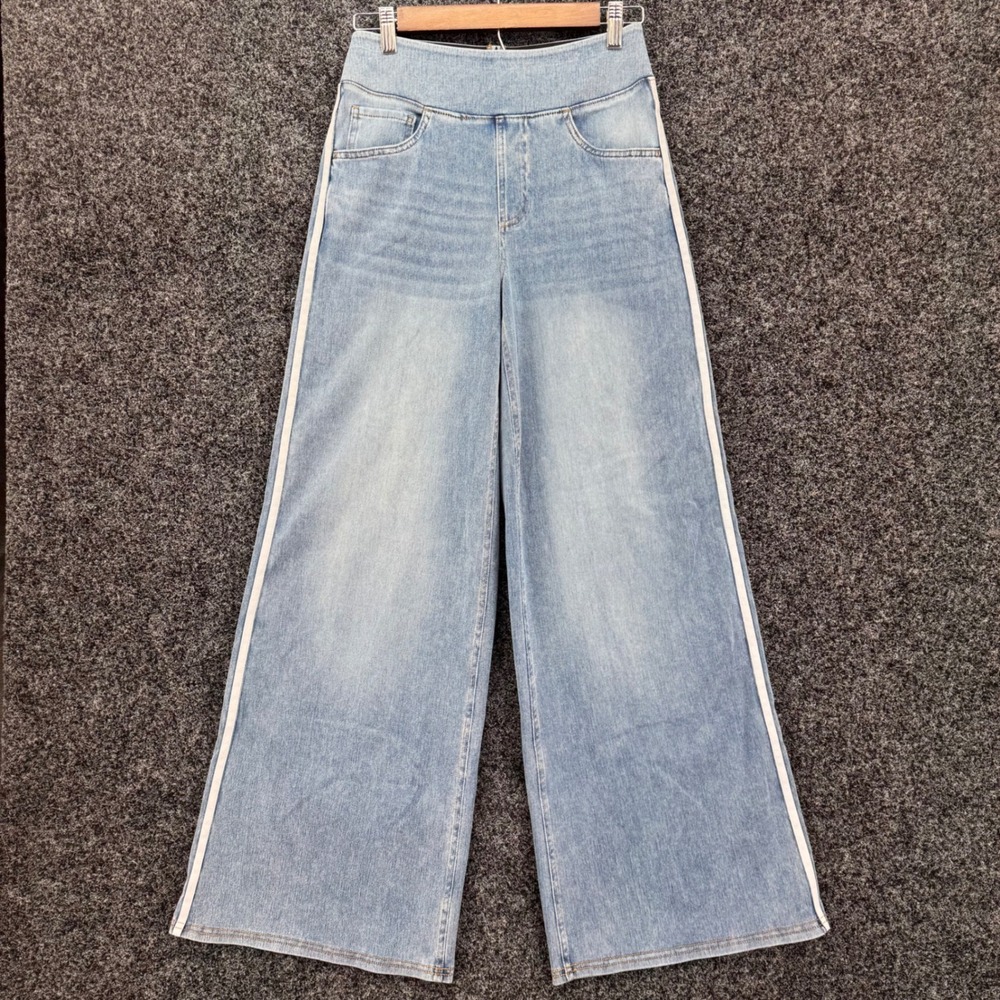 Halara Petite Wide Leg Jeans Light Wash White Side Stripe Pull On Small Petite